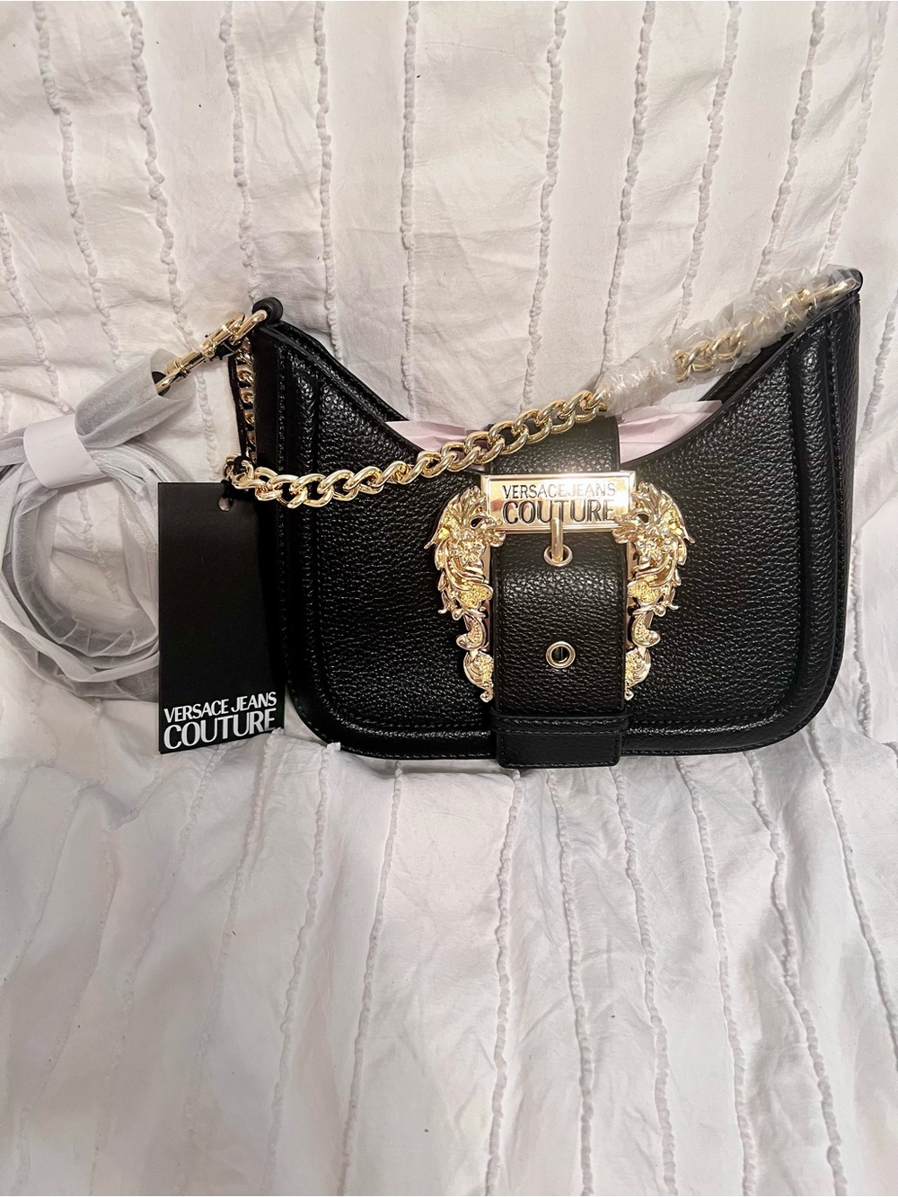 Versace Jeans Collection Black Leather Shoulder Bag with Gold Chain